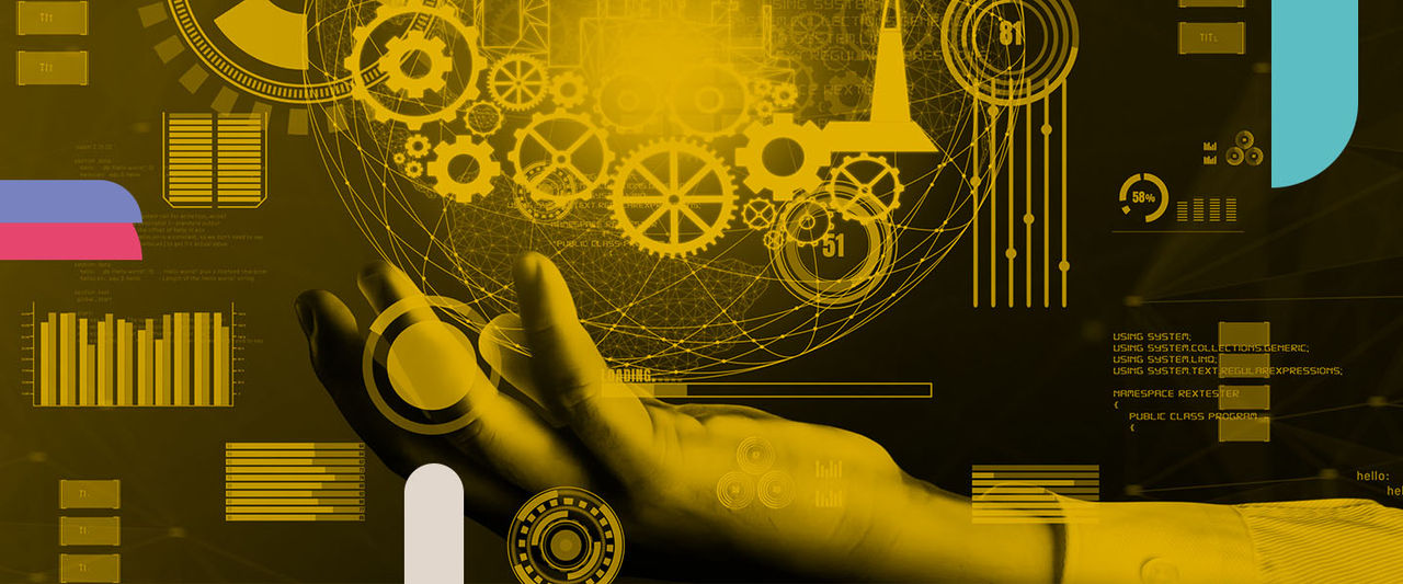 Mão humana com elementos digitais, processos e indicadores ao redor.